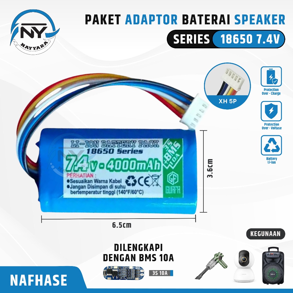 Baterai Speaker Dan Elektronik Lainnya 2X 18650 Li-ion 7,4Volt 4000mAh BMS 3S 10A XH 5 Pin