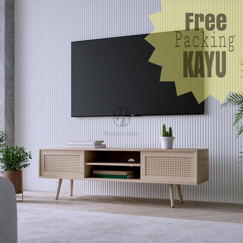 MT06 Meja Tv Minimalis Kombinasi Rotan Kabinet Tv Murah Meja Penyimpanan Serbaguna Kabinet Rotan