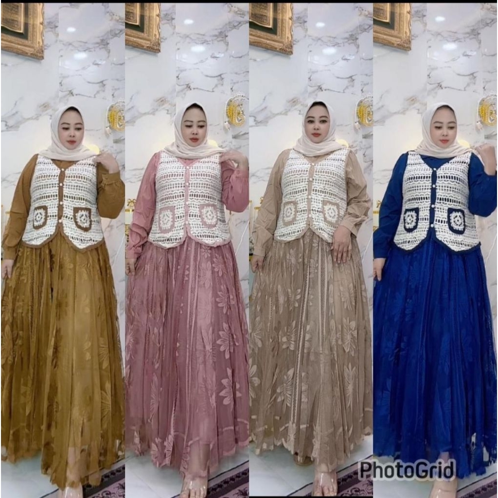 Dress import 2in 1 rajut mix tile brokat