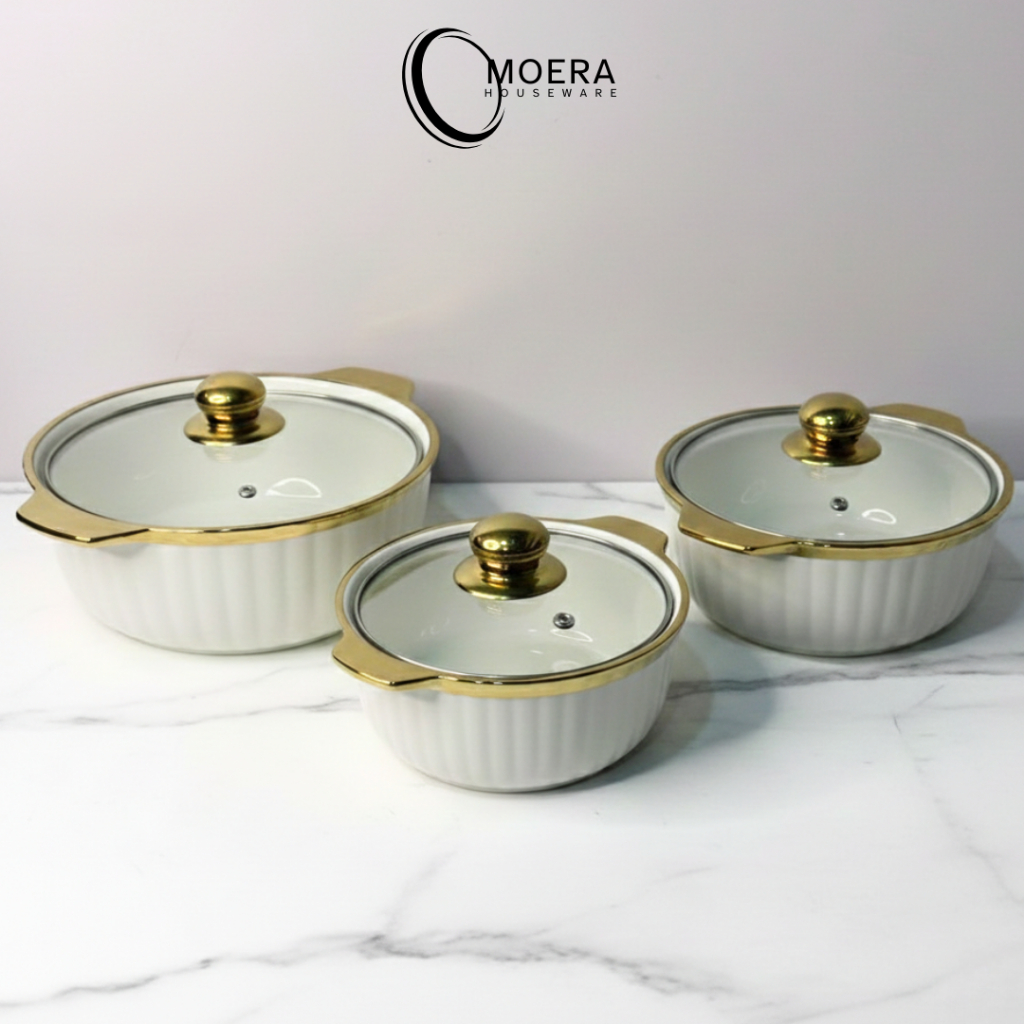 MOERA Mangkok Saji Tutup Kaca Grace List Gold Keramik Premium Unik  / Set Mangkok Keramik Tutup kaca