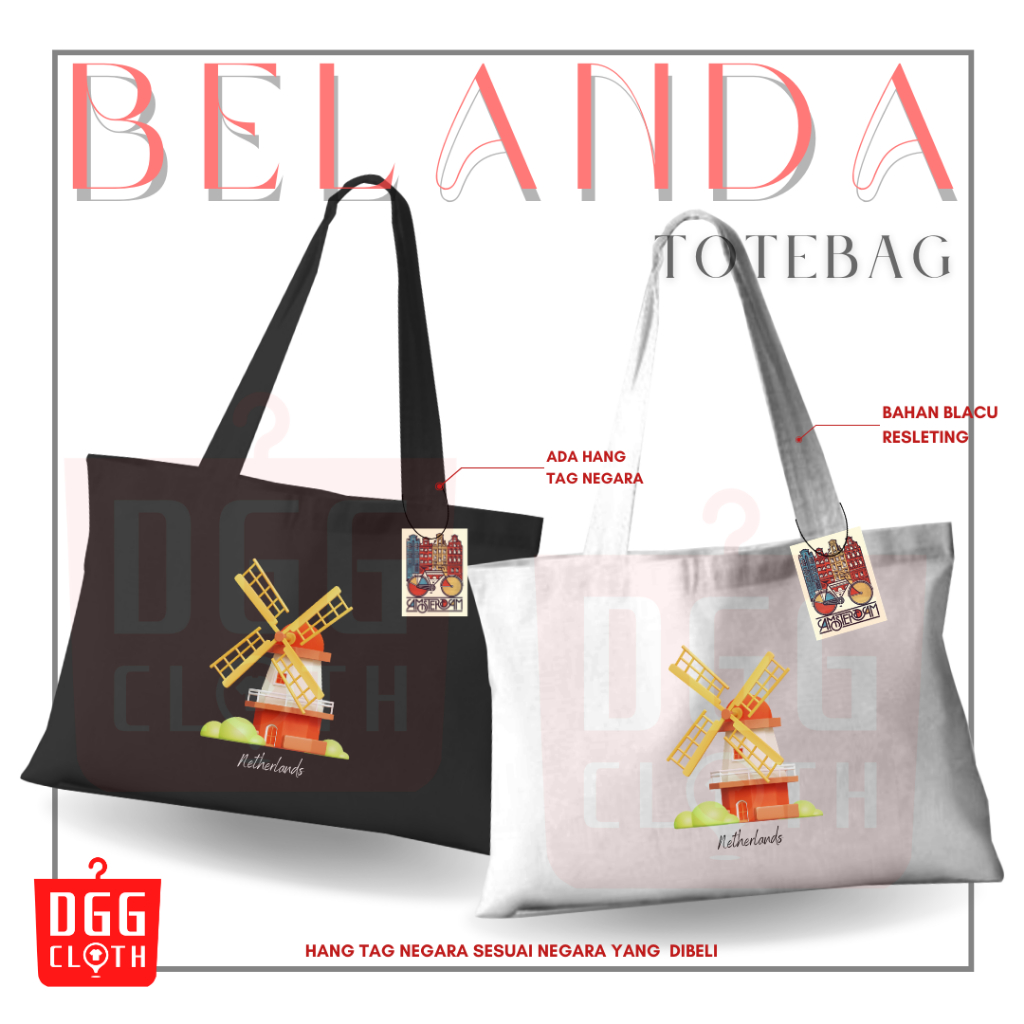 DGGCloth Tote Bag Belanda Amsterdam Totebag Sablon Oleh Oleh Belanda Bahan Blacu Perekat Type 2