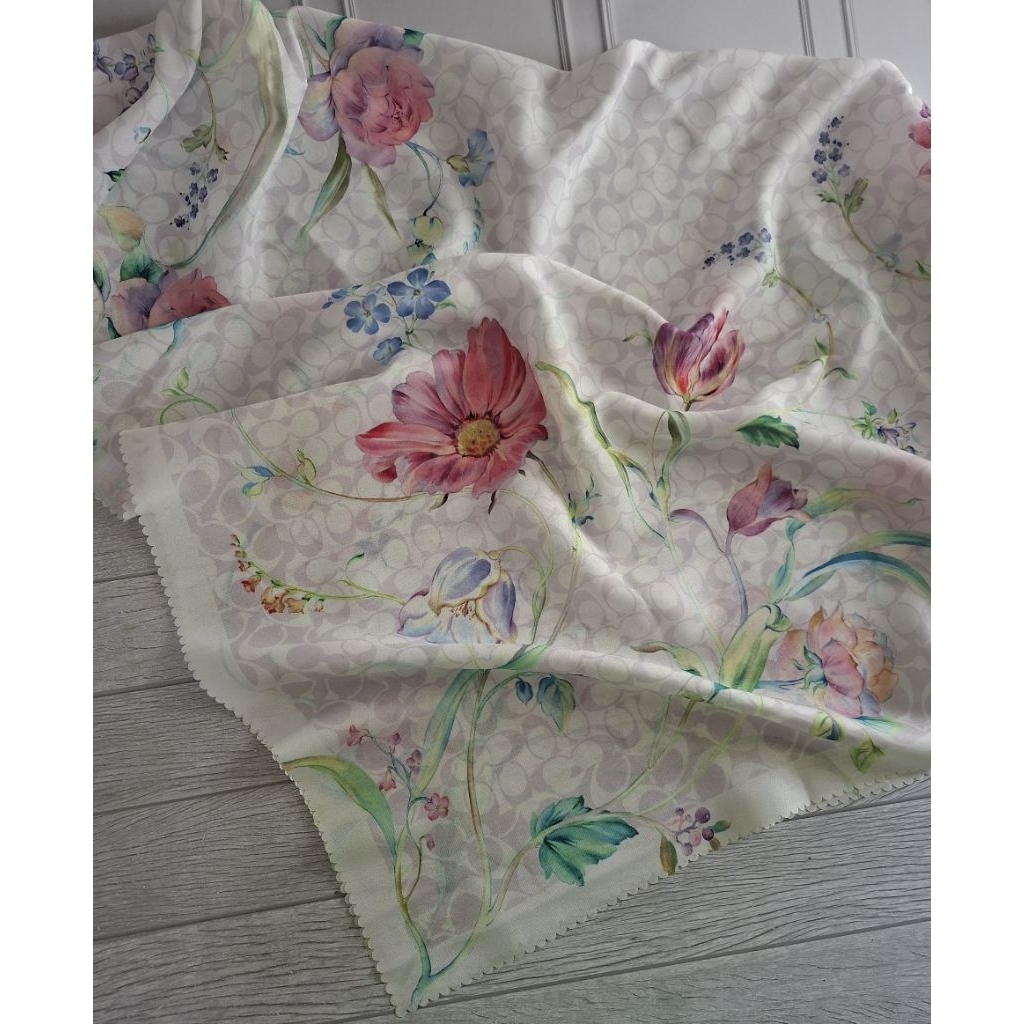 HIJAB SEGIEMPAT VOAL PRINTING FRER CUSTOM NAMA SCARF COACH KERUDUNG PUTIH BUNGA