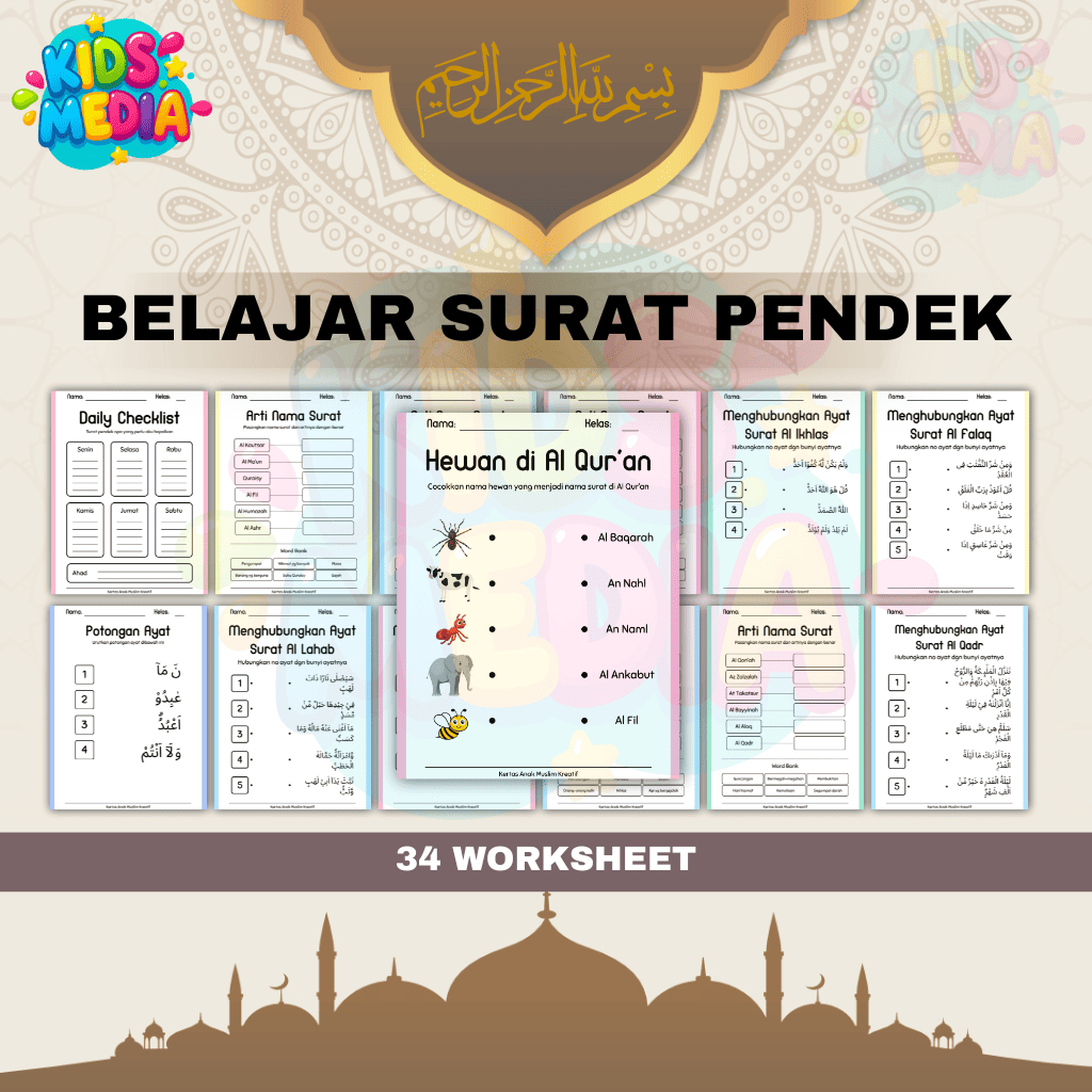 [K0129] Worksheet Belajar Surat Pendek Anak | 34 Lembar Printable PDF Edukasi Dasar