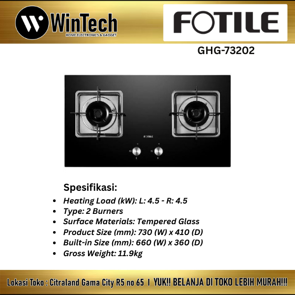 FOTILE Kompor Gas / Gas Hob - GHG73202 - 8 Safety Protection / Silicon Aluminium Alloy Burner
