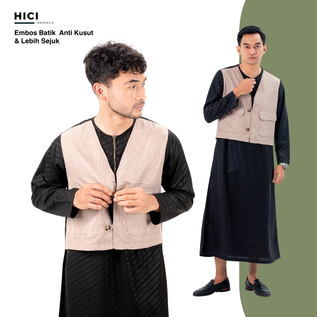 Hici Jubah Pria Muslim Remaja Dewasa Lengan Panjang Model Gamis Rompi Motif Embos