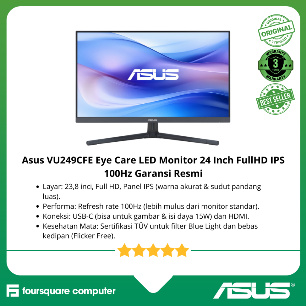 Asus VU249CFE Eye Care LED Monitor 24 Inch FullHD IPS 100Hz Garansi Resmi