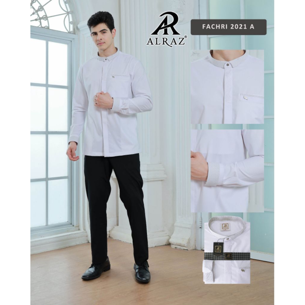 Alraz Fachri 2021 A Warna Putih Polos Full Slave Manset Baju Koko Busana Muslim Pria