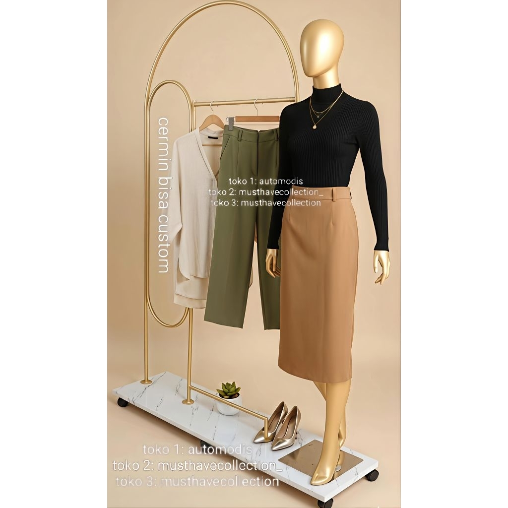 RAK GANTUNGAN LEMARI GAWANG DENGAN CERMIN DAN MANNEQUIN MANEKIN PATUNG PAJANGAN EMAS BESI BONGKAR PA