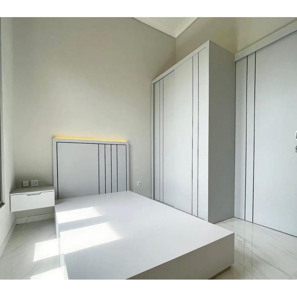 Custom Set Kamar Minimalis Modern Free Desain 3D Start 1.800.000/M – Dipan + Lemari + Nakas LED – Ar