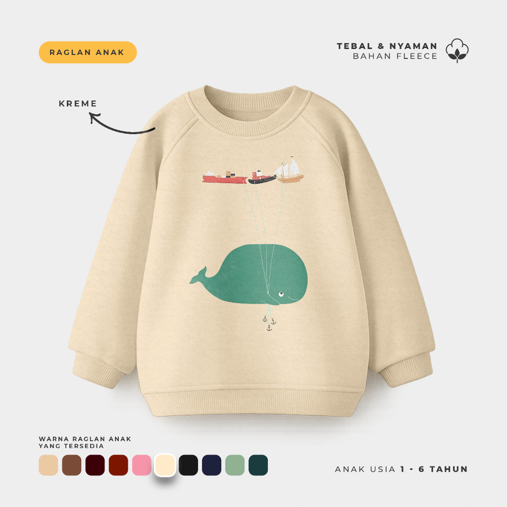 Sweater Anak Crewneck Oversize Anak model Korea Whale Boat usia 1-6 Tahun