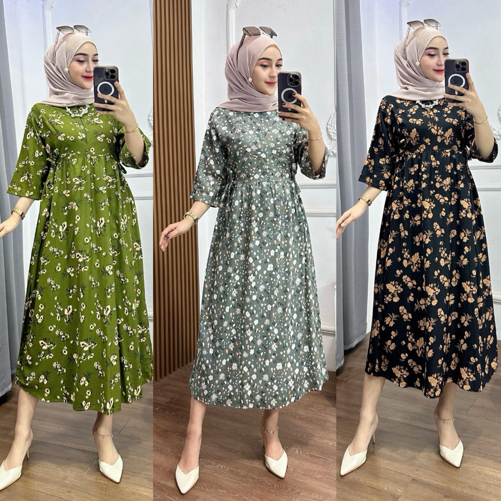 Dress Miranda Rayon Lengan 3/4 / Daster Rayon Motif Bunga / Midi Dress Rayon Busui