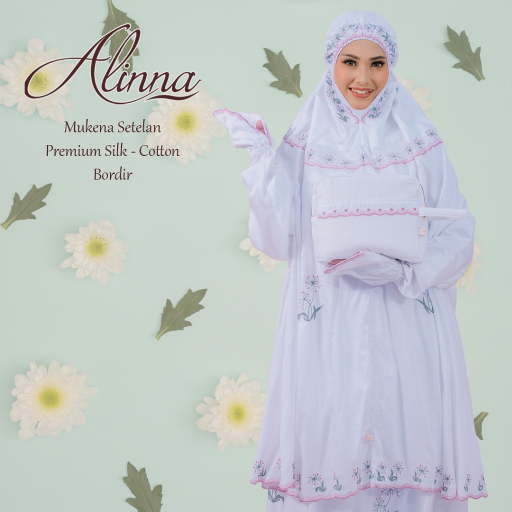 Mukena Alinna Setelan Potong Atas Bawah Berlengan Tangan Premium silk-cotton Bordir Umrah Haji Ihram
