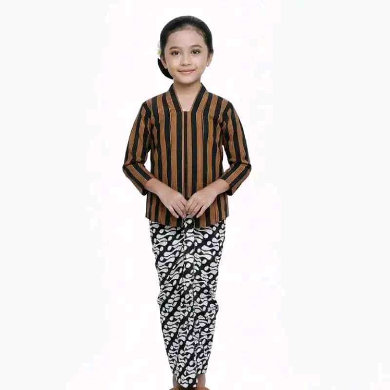 Setelan Baju Surjan Kebaya Lurik Anak + Jarik Instant Batik Putih