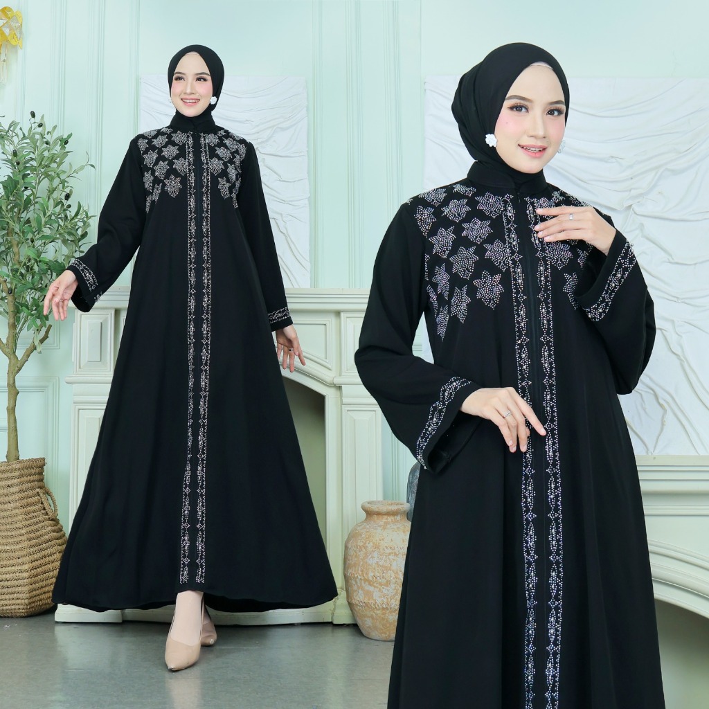 alnurei || AMEERA Abaya || Abaya Hitam Payet Hitam Payet Silver Bahan Jetblack