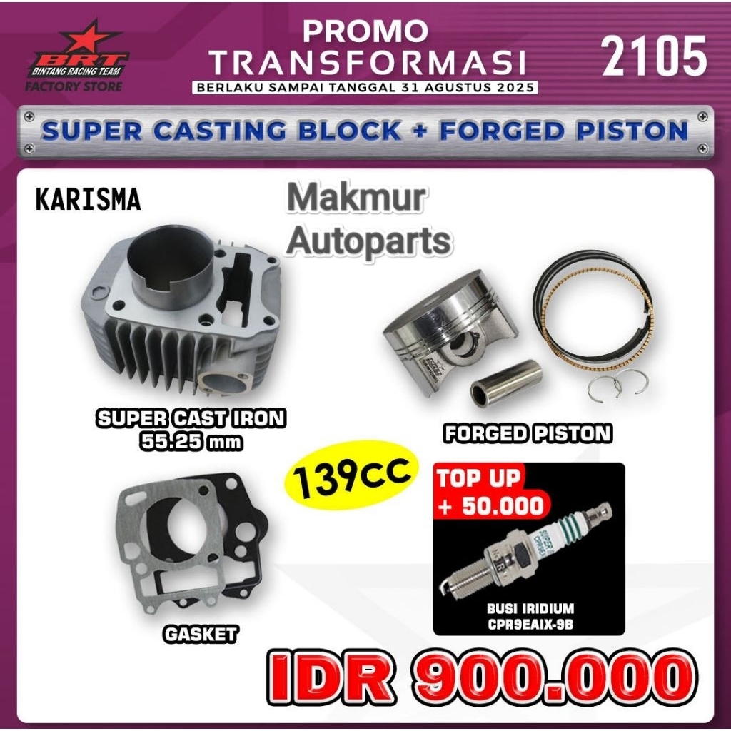 Promo Transformasi BRT 2105 Paket Bore Up Blok Piston Karisma / Supra X 125 / Kirana (BINTANG RACING