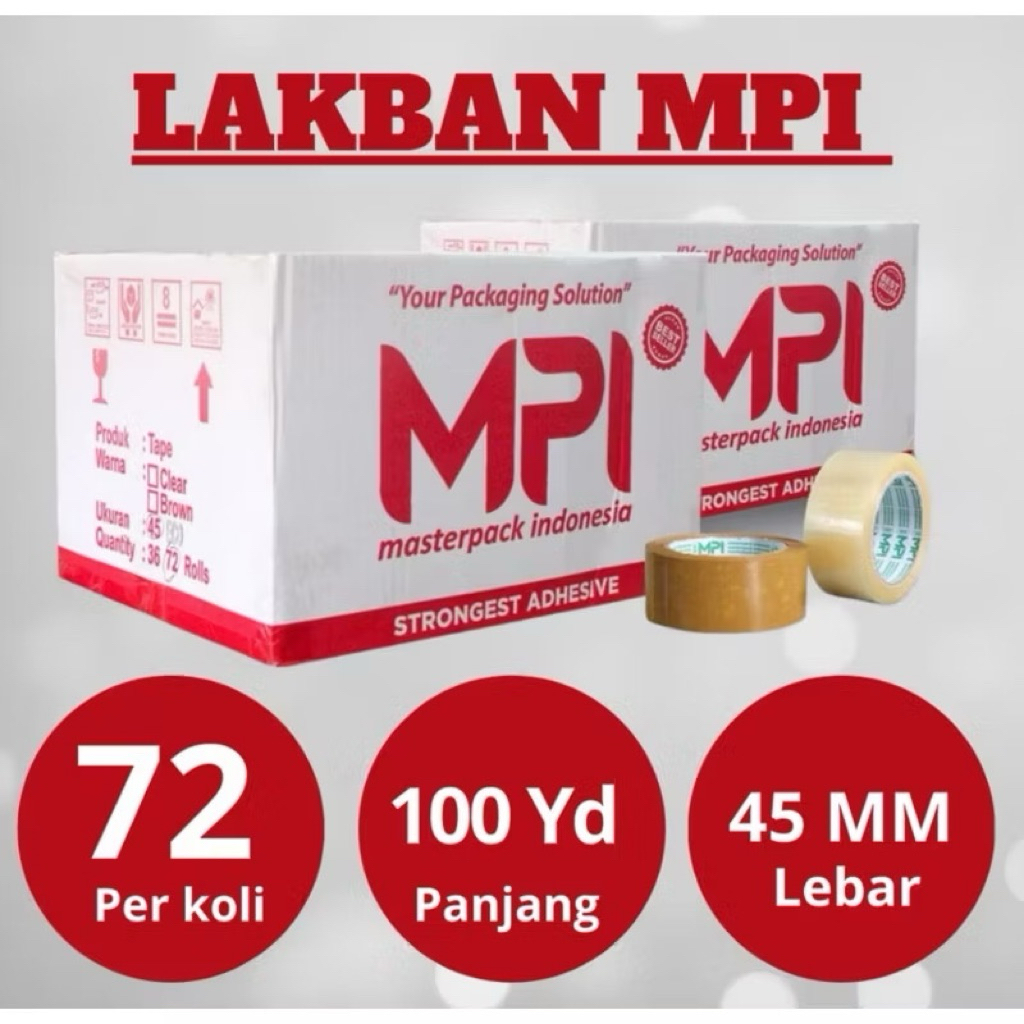 1 DUS (72 Roll/pcs) Lakban MPI 45mm x 100 Yard 2 Warna Bening dan Coklat