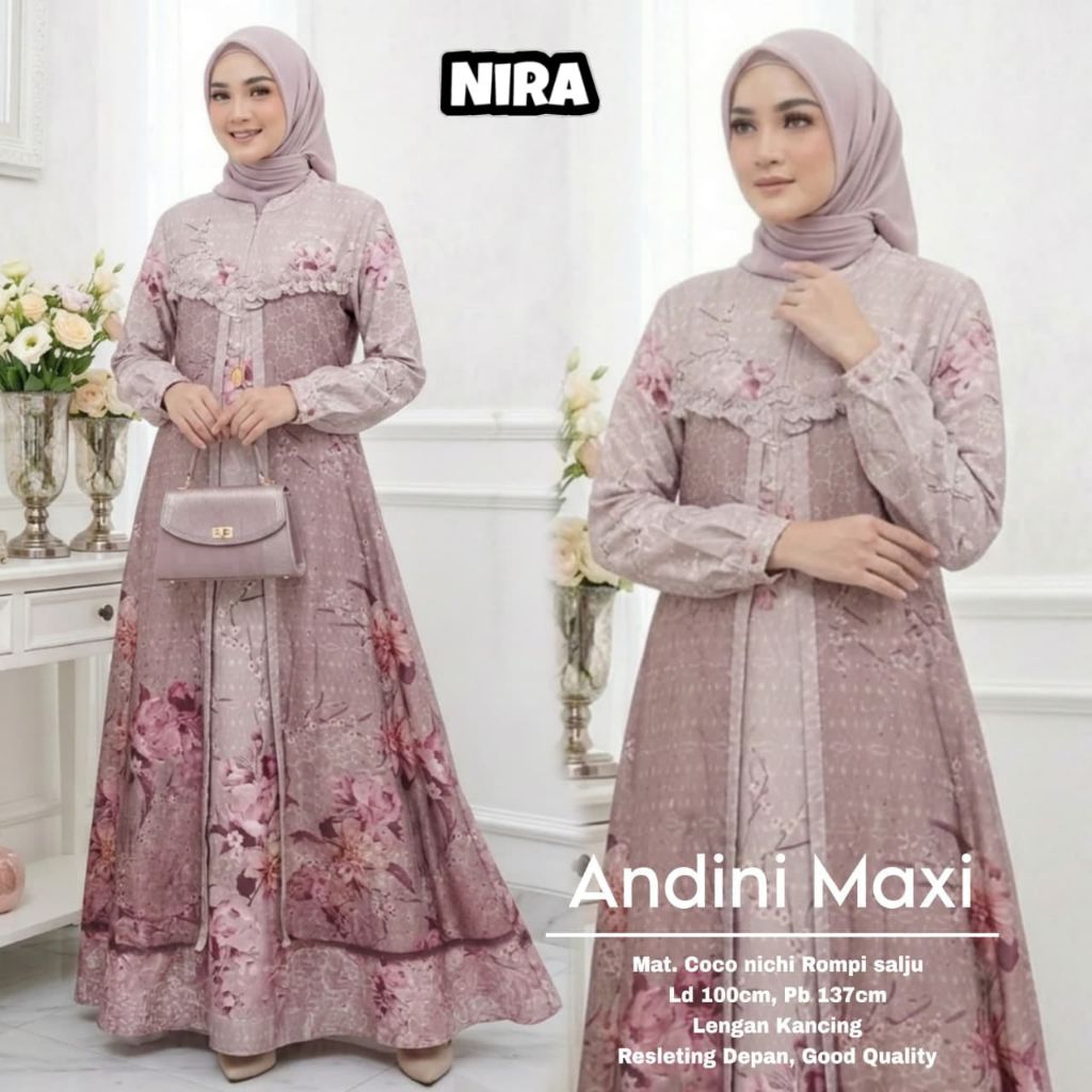 Andini Maxi Dress Hari Raya- Gamis Motif Bunga Mewah Bahan Coco Nichi