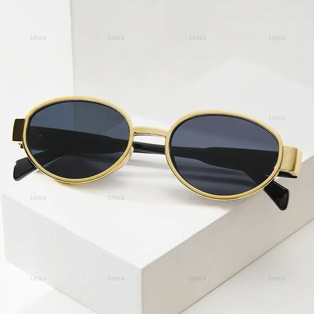 HYC Kacamata Hitam Bulat Wanita Anti UV400 Sunglasses Fashion Frame Double C Logo Accent