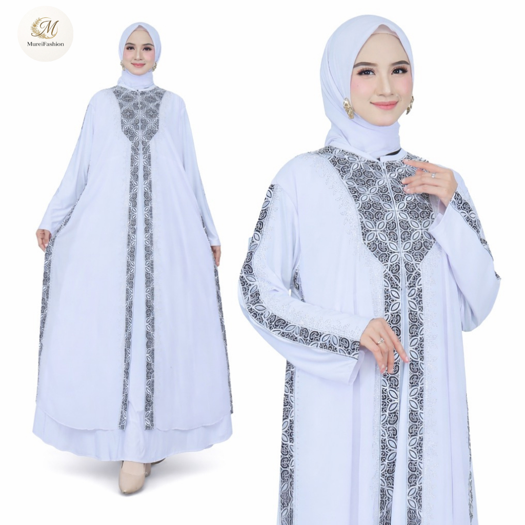 Abaya Khas Turkey Jumbo Murei Fashion I Alena I Putih Mewah Bahan Ceruty Mix Jersey Bordir Premium G