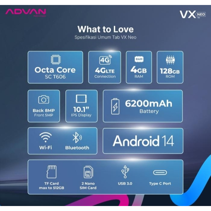 Original Tablet Android Advan Vx Neo, Display 10,1 INCH Ram 4/128 GB Garansi Resmi Advan
