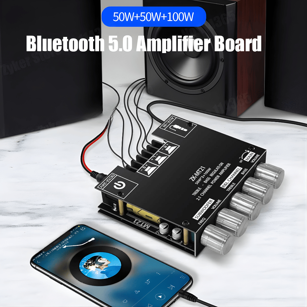 (NEW) Ampli Mini Bluetooth Audio Amplifier Full Bass AUX 2.1 Channel Subwoofer 50W+2x100W ZK-MT21