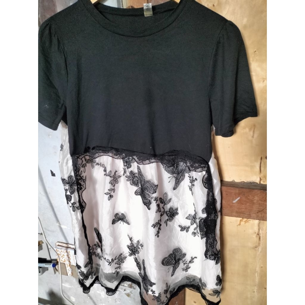 dress kupu kupu butterfly bunga flower floral vintage hitam putih black white tutu tile bordir embor