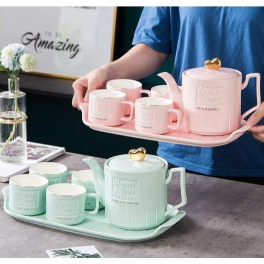 7 pc Tea set Tea Cup Coffe Set Coffe Cup Ceramic With Electroplate Gold Design Gelas Teh Kopi Kerami