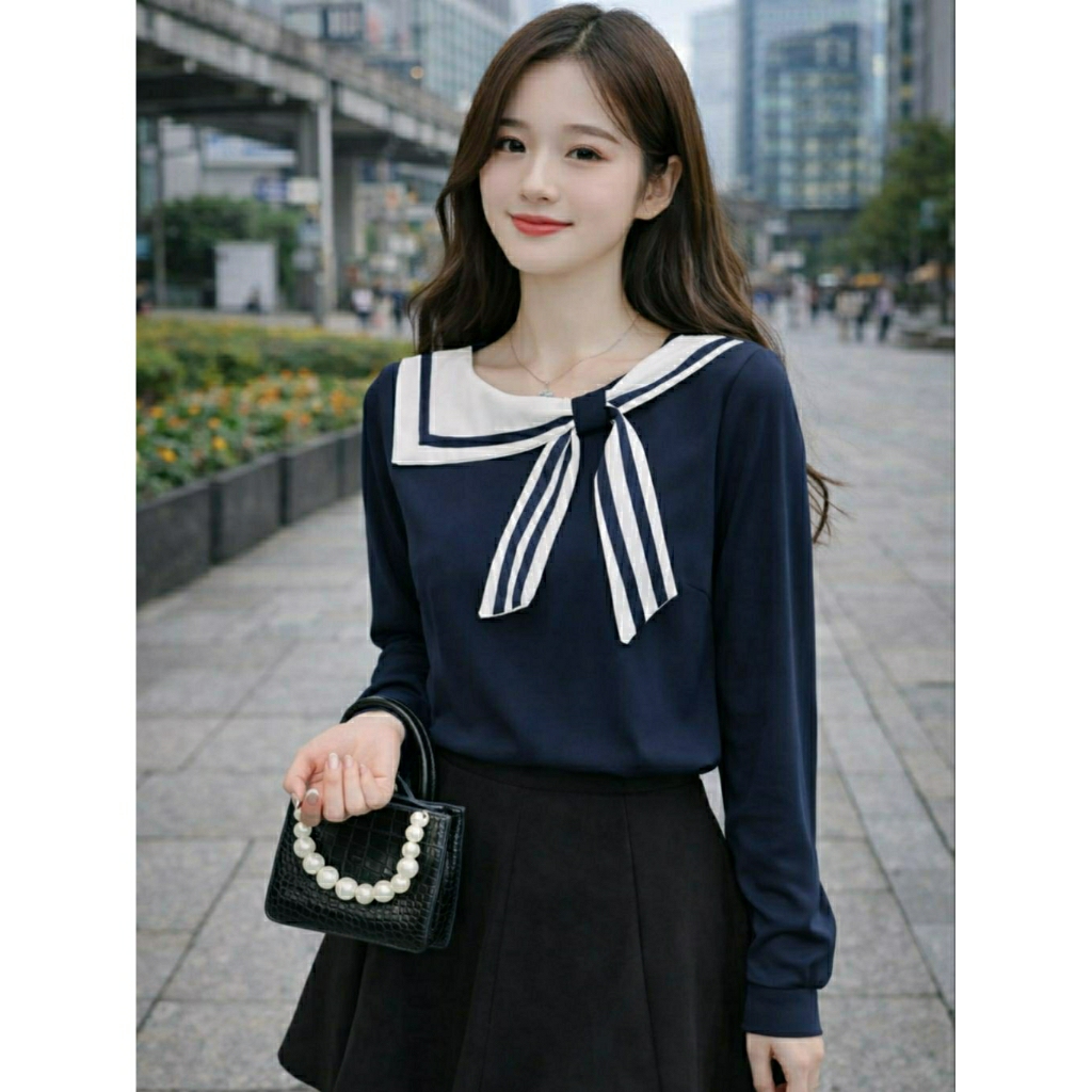 Baju Wanita Kerah Pelaut Lengan Panjang – Blouse Navy dan putih Korea Casual Kerja Kuliah