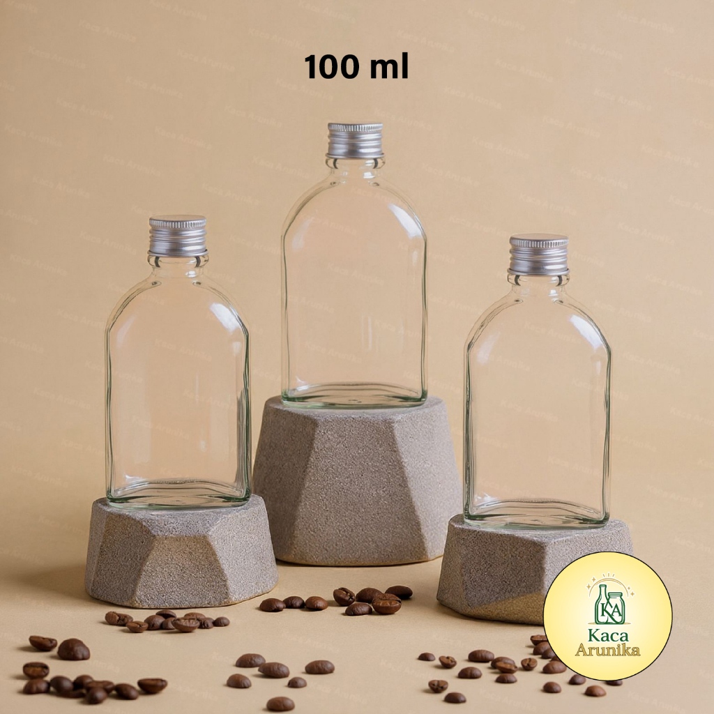 Botol Kaca Gepeng 100ml Kotak Bening Tutup Silver Ulir – Botol Minuman Isi Ulang Serbaguna untuk Jui