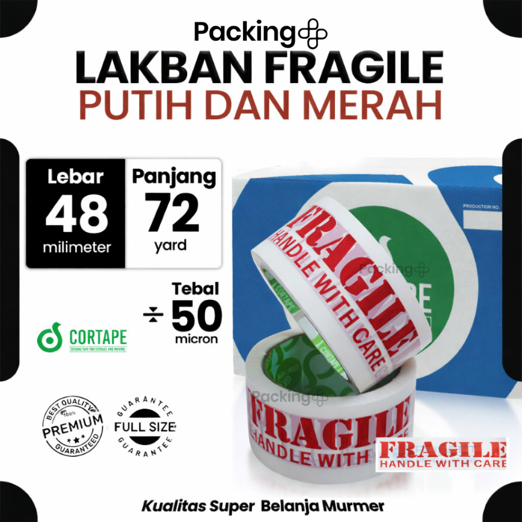 Lakban / Selotip / OPP Tape Printing Fragile Putih Merah 2inch 48mm x 72yard Cortape Harga Satuan