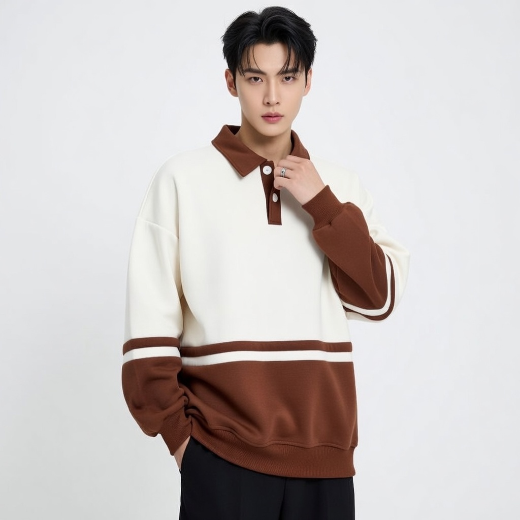 SWEATER KERAH RUGBY POLOS PUTIH-COKLAT UKURAN S-6XL. SWEATER KERAH RUGBY ALL SIZE OVERSIZE PREMIUM U