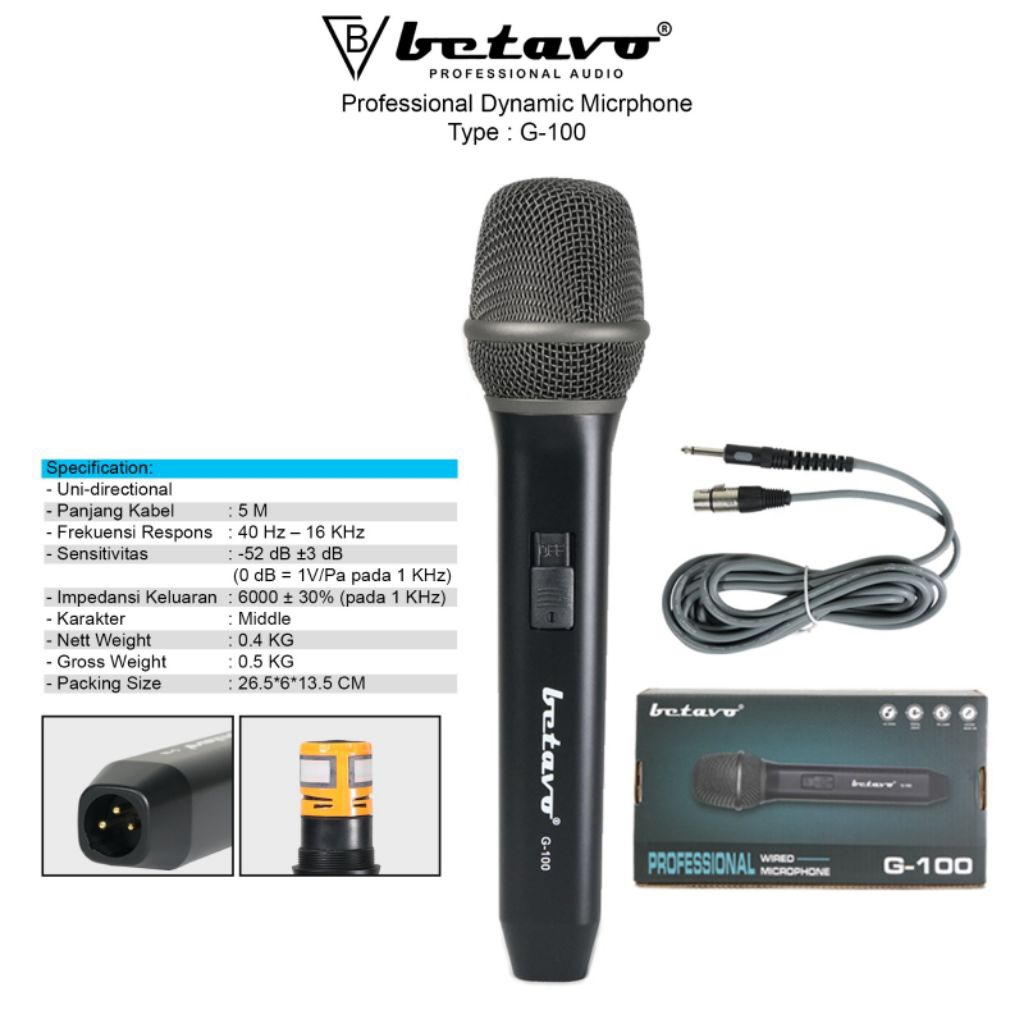 Mic Kabel Betavo G-100 Original - Mikrofon Vokal Profesional Lengkap dengan Kabel 5 Meter