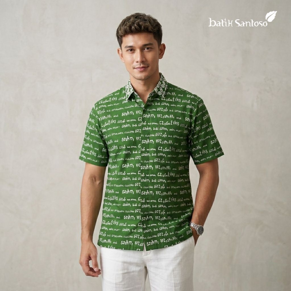 Batik Santoso Sundakuna Parahyangan Hijau - Kemeja Lengan Pendek Aksara Sunda Batik Bandung