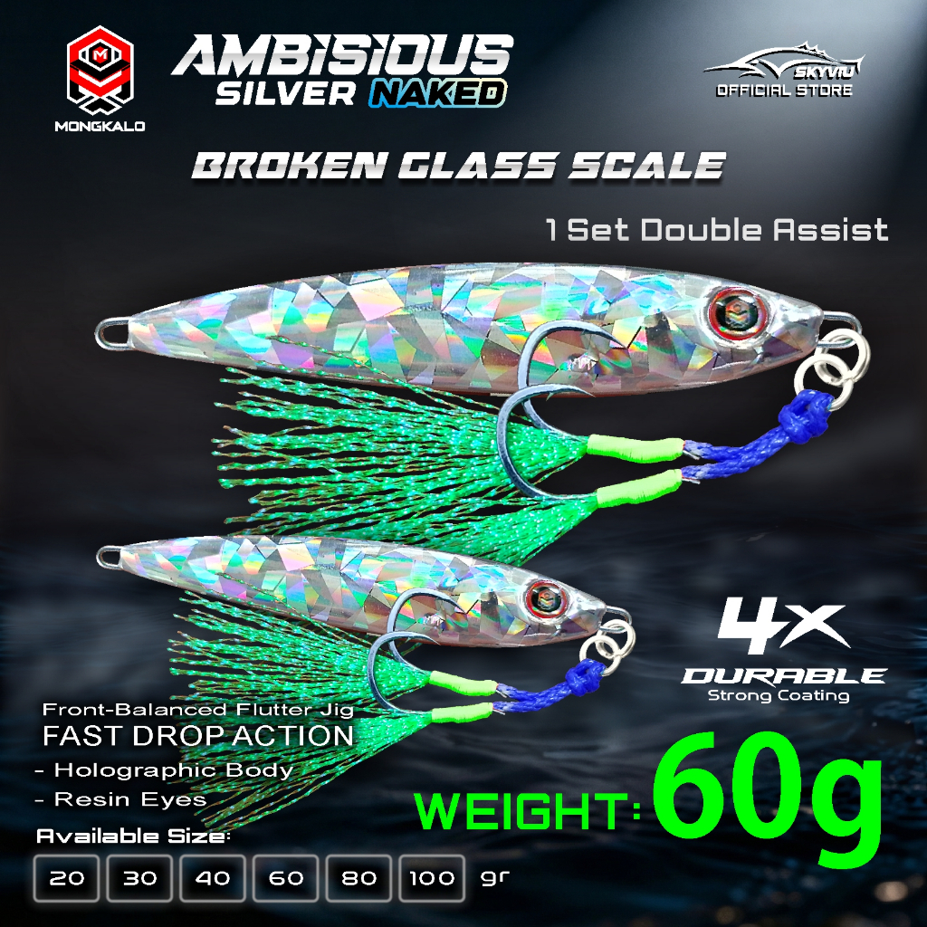 Metal Jig 60 Gram MONGKAO AMBISIOUS Hologram Naked 1 Set Double Assist Hook 60g Umpan Pancing Laut 6