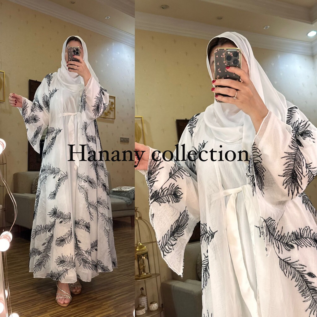 Abaya dubai Putih motif daun kelapa