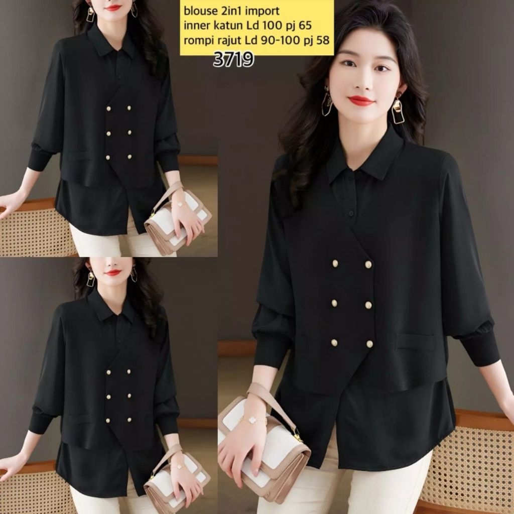 Blouse 2in1 Import Set Kemeja Katun & Rompi Rajut Korea Style 3719 Baju Kerja Kantor Elegan