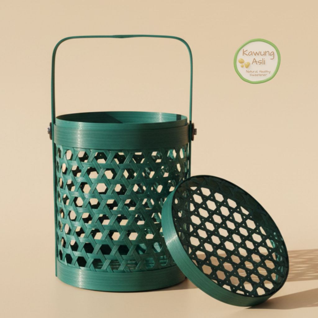Keranjang Rantang Bambu Anyaman Bulat Hijau Tosca Hampers Estetik Besek Jinjing Souvenir Premium