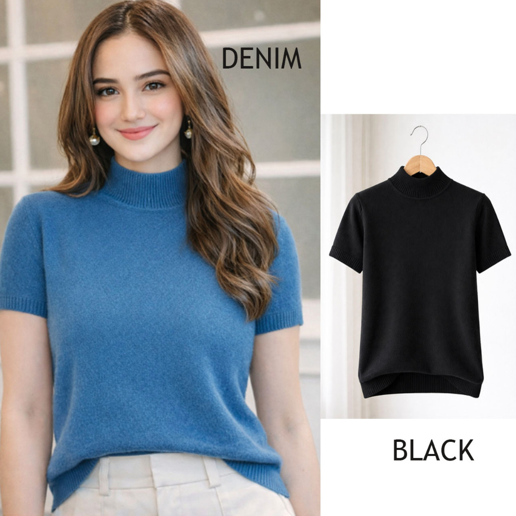 Blouse lengan pendek knit kerah tinggi