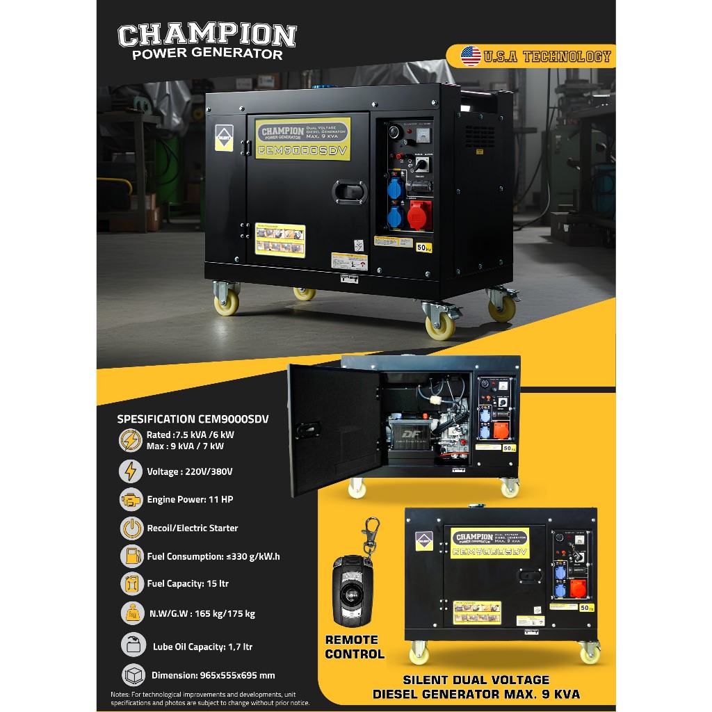 Genset Silent 7000 Watt Solar 3 Phase & 1 Phase Champion CEM9000SDV