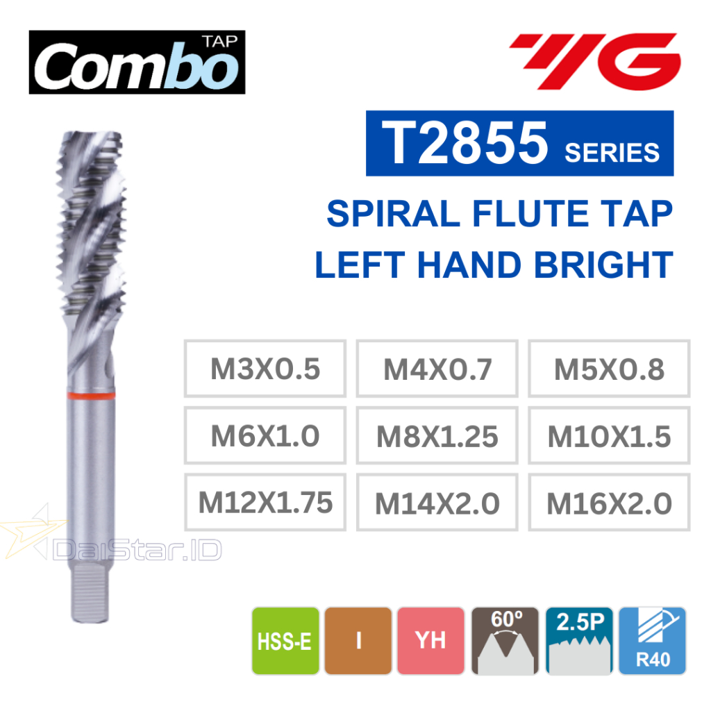 YG-1 HSS-E Machine Tap Left Hand Spiral M3|M4|M5|M6|M8|M10|M12|M14|M16 Tap Mesin Ulir Kiri YG1
