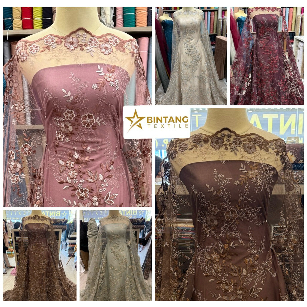 Kain tile brokat bordir two tone Shifa premium / bahan gamis kebaya tunik atasan outer