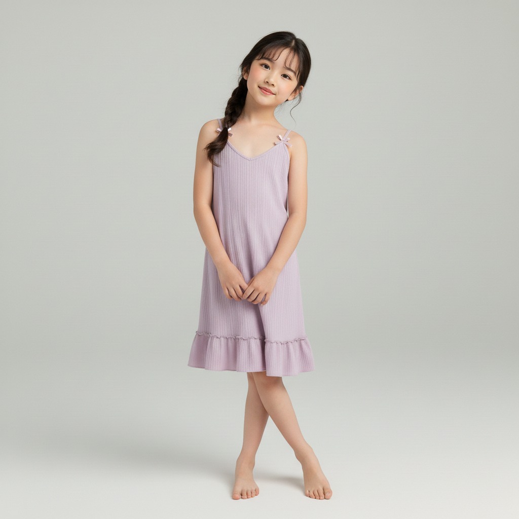 DRESS PAKAIAN ANAK PEREMPUAN TALI KECIL RUFFLE BASIC STYLE KEKINIAN BAHAN HYGT POLOS