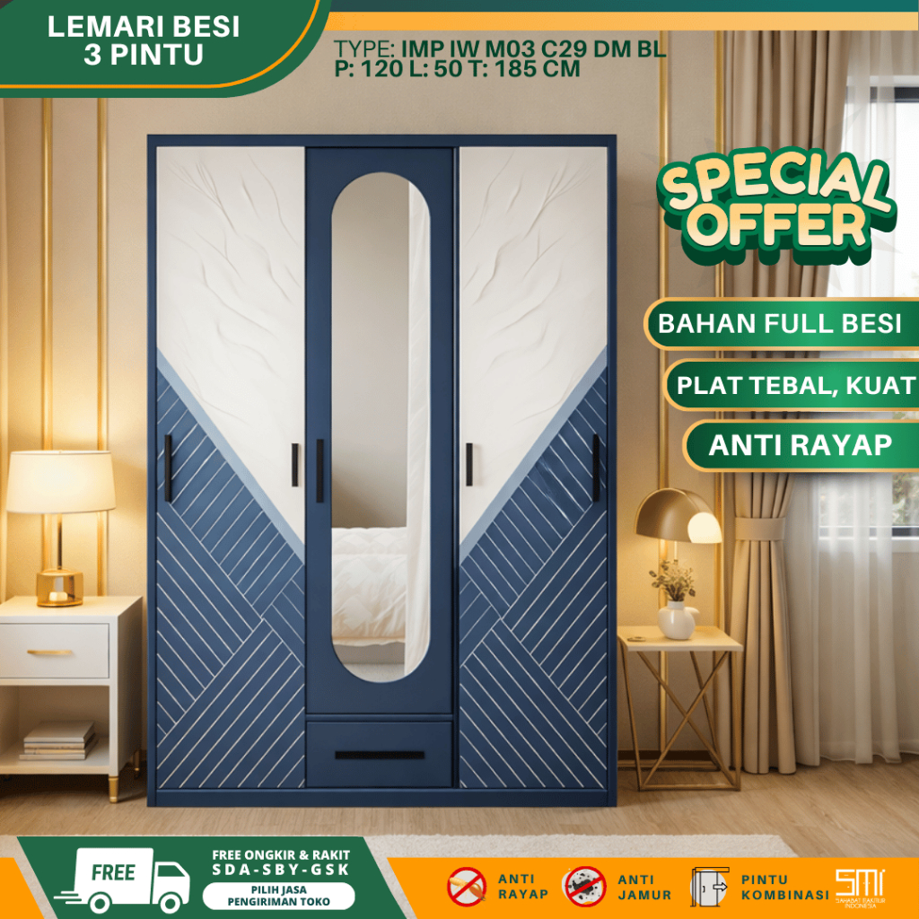 Lemari Besi 3 Pintu - Lemari Baju Lemari Pakaian Sliding Lemari Besi Sliding 120cm Almari Baju