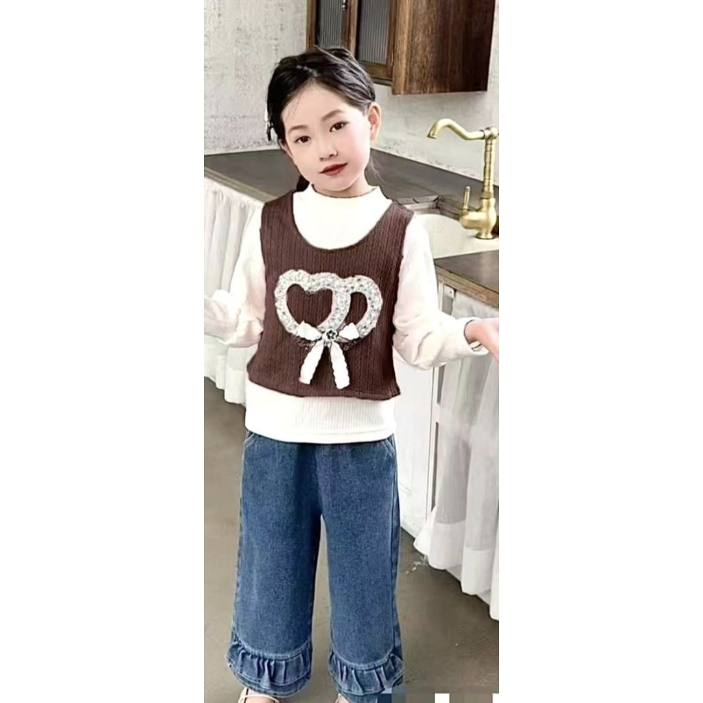 Setelan Anak Perempuan 3in1 Rompi Rajut Import