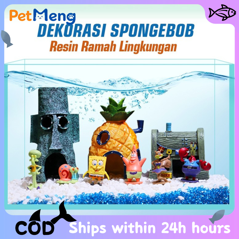 Paket Akuarium SpongeBob 40cm | Set Aquascape Mini Kreatif dengan Dekorasi Melengkung | Cocok untuk 