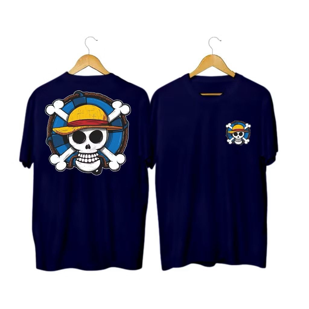 ￼ATASAN KAOS OBLONG GAMBAR BENDERA TOPI JERAMI ONE PIECE COWOK DEWASA LENGAN PENDEK DEPAN BELAKANG U