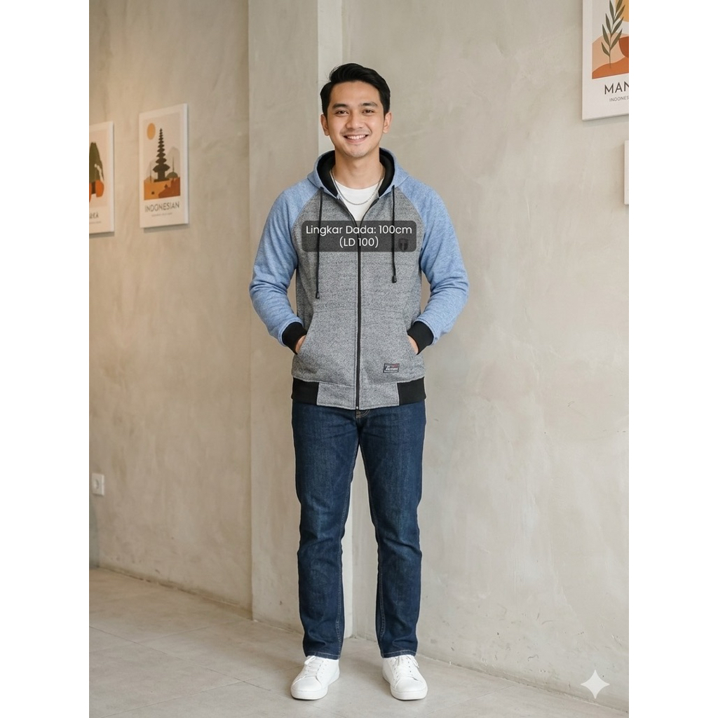 PL Jaket Hoodie Pria Biru Hitam Number 61 LD 100 Cm size M