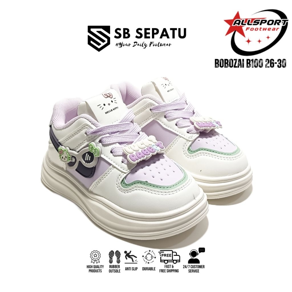Sneakers BOBOZAI B100 Purple White || Sepatu Anak-anak Cewek Korea Style Putih Ungu || Sepatu Anak S
