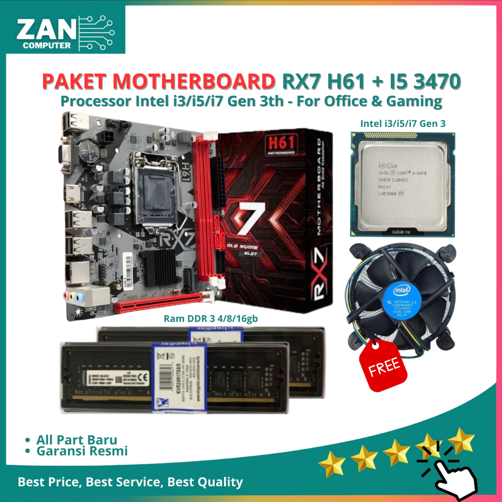 Paket i5 3470 + Motherboard H61 RX7 Intel Core i3/i5/i7 DDR3 USB 3.0 Support M.2 Nvme VGA HDMI Gigab