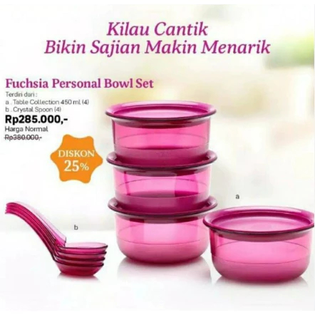 Tupperware Fuschia Personal Bowl Dengan Tutup Mangkuk Saji Crystal Tupperware Warna Cerah dan Tahan 